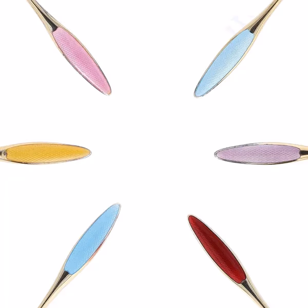 Cased Set of Six Gilded Silver Guilloche Enamel Demitasse Spoons
