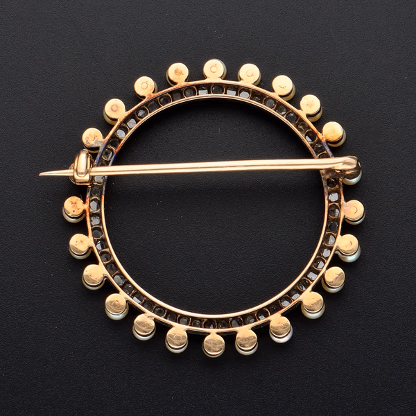 15ct Gold Seed Pearl and Diamonate Brooch