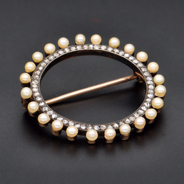 15ct Gold Seed Pearl and Diamonate Brooch