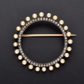 15ct Gold Seed Pearl and Diamonate Brooch