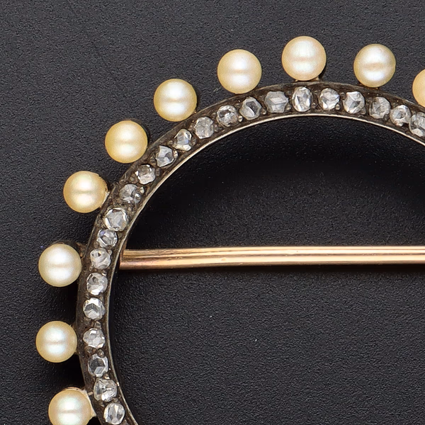 15ct Gold Seed Pearl and Diamonate Brooch