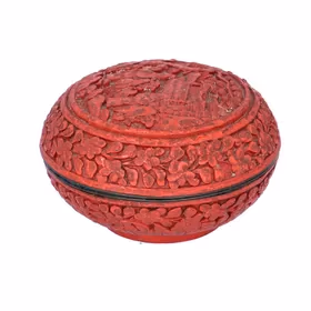 Antique Cinnabar Circular Box With Hand-Carved Scenic Design