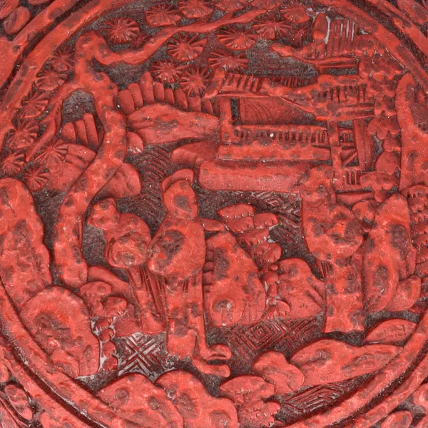 Antique Cinnabar Circular Box With Hand-Carved Scenic Design