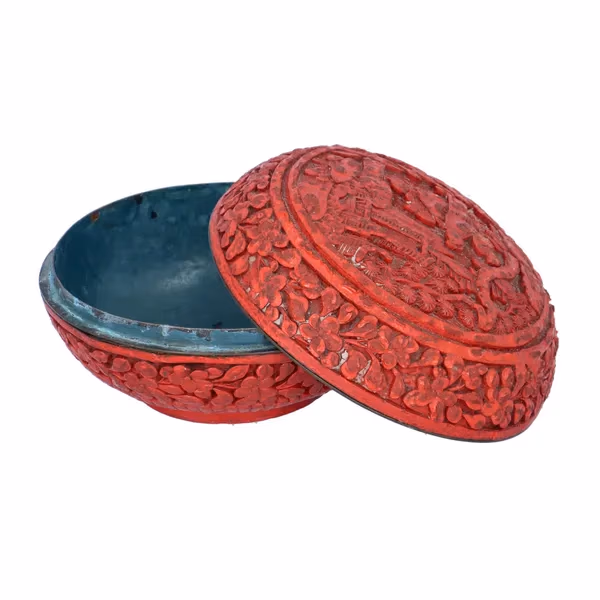 Antique Cinnabar Circular Box With Hand-Carved Scenic Design