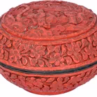 Antique Cinnabar Circular Box With Hand-Carved Scenic Design
