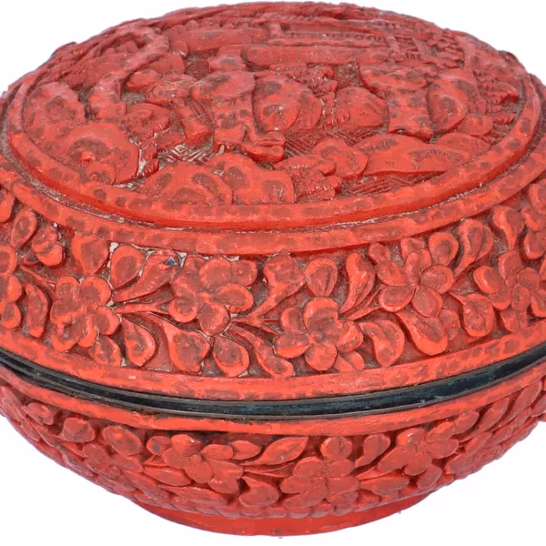 Antique Cinnabar Circular Box With Hand-Carved Scenic Design