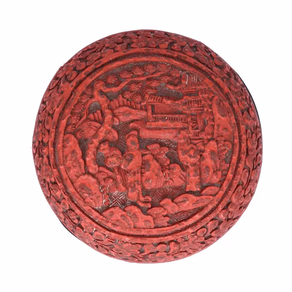 Antique Cinnabar Circular Box With Hand-Carved Scenic Design