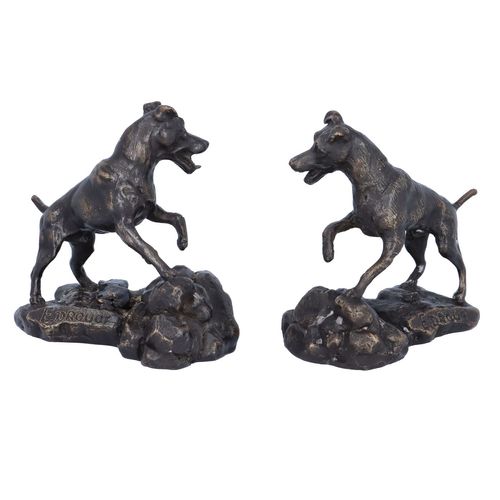 Rare Pair of Signed E Drouot Bronze Barking Dogs image-1