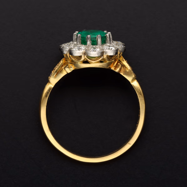 18ct Yellow Gold & Platinum Emerald & Diamond Cluster Ring