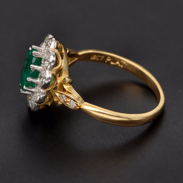 18ct Yellow Gold & Platinum Emerald & Diamond Cluster Ring