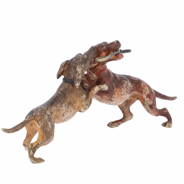 Two Fighting Bronze Dogs