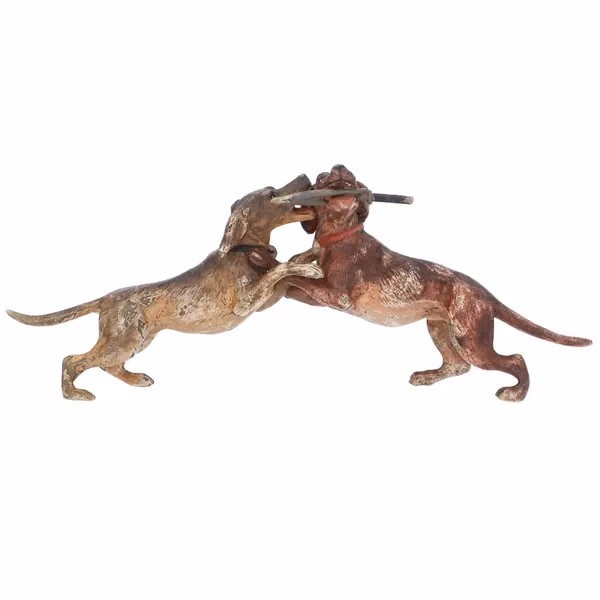 Two Fighting Bronze Dogs