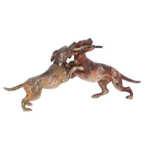 Two Fighting Bronze Dogs
