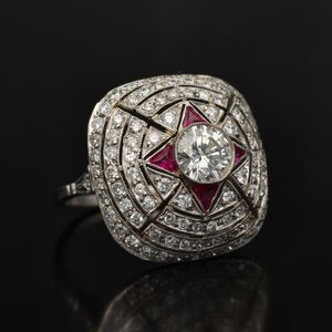 Art Deco Platinum, Ruby and Diamond Cluster Ring