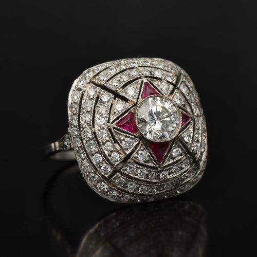 Art Deco Platinum, Ruby and Diamond Cluster Ring image-1