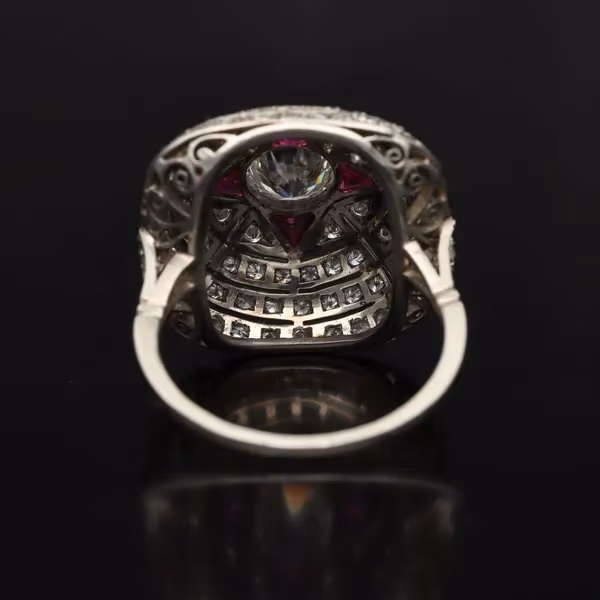 Art Deco Platinum, Ruby and Diamond Cluster Ring