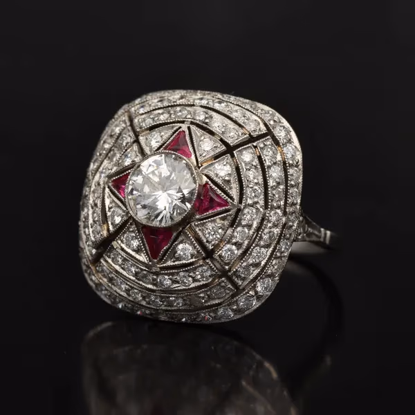 Art Deco Platinum, Ruby and Diamond Cluster Ring