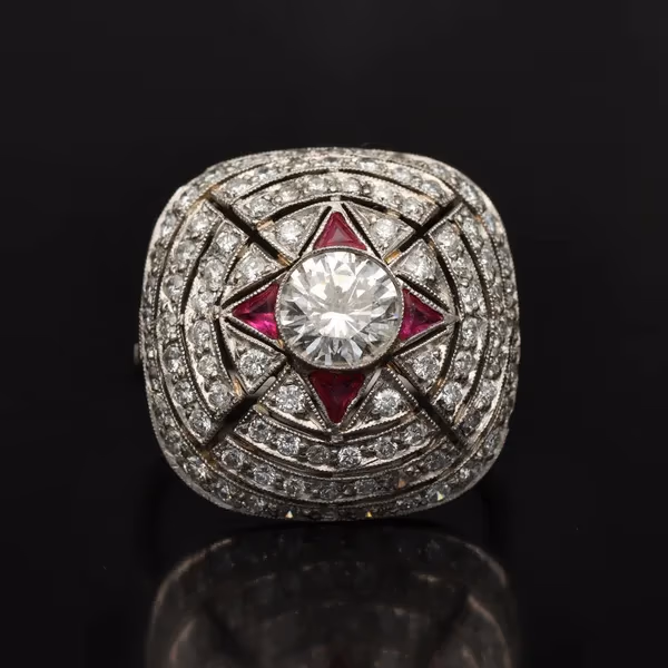 Art Deco Platinum, Ruby and Diamond Cluster Ring