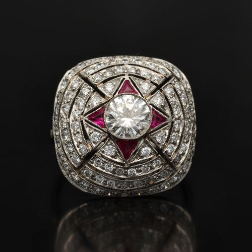 Art Deco Platinum, Ruby and Diamond Cluster Ring image-2