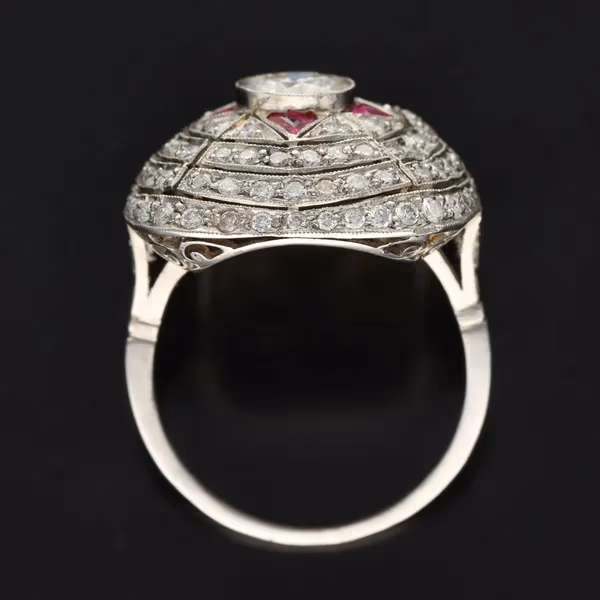 Art Deco Platinum, Ruby and Diamond Cluster Ring