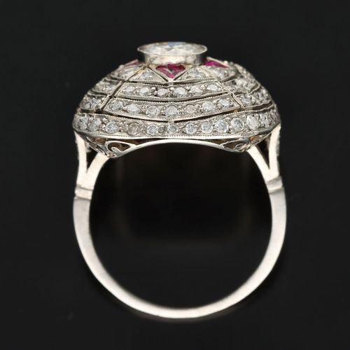 Art Deco Platinum, Ruby and Diamond Cluster Ring image-6