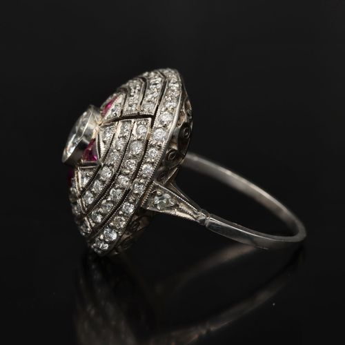 Art Deco Platinum, Ruby and Diamond Cluster Ring image-4