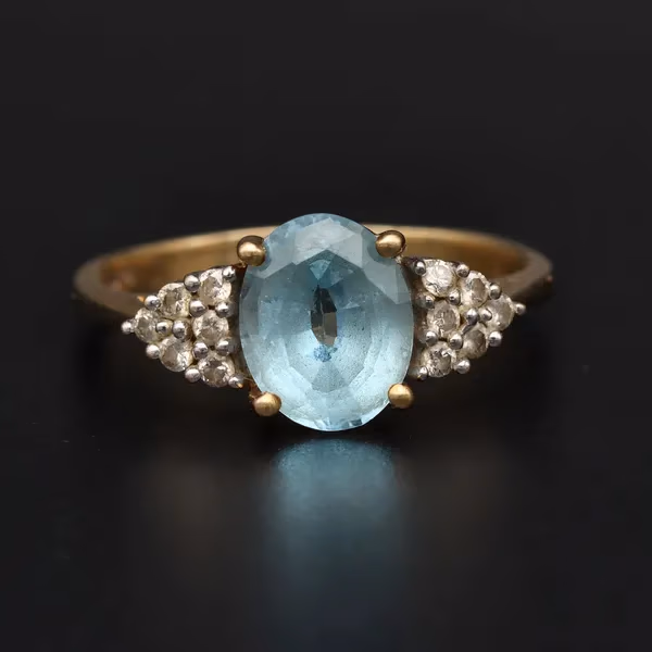 Gold Aquamarine Diamond Ring. London 1988