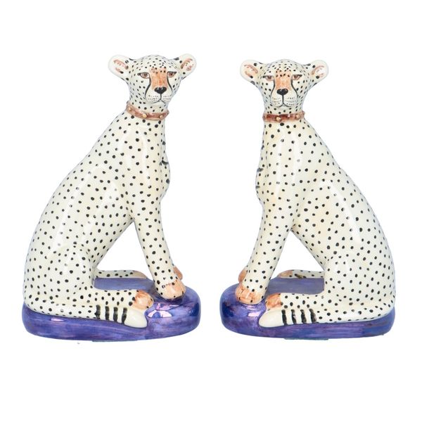 Pair of Hand Painted Pottery Cheetahs by Miranda Smith