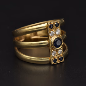 Heavy 18ct Yellow Gold Tri Split Sapphire & Diamond Ring