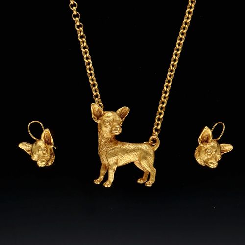 Rare Vintage Askew 24ct Gold Plated Chihuahua Jewellery Set image-1
