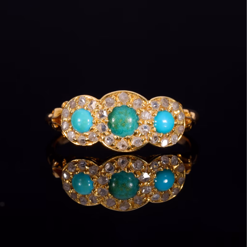 360° view of The Antique 1914 Three Turquoise and Old Cut Diamond Ring