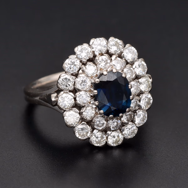 18ct White Gold Double Halo Sapphire & Diamond Cluster Ring