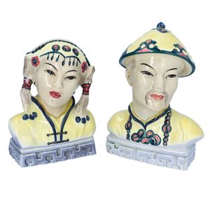 Pair of Goldscheider Chinese Busts in Yellow Clothing