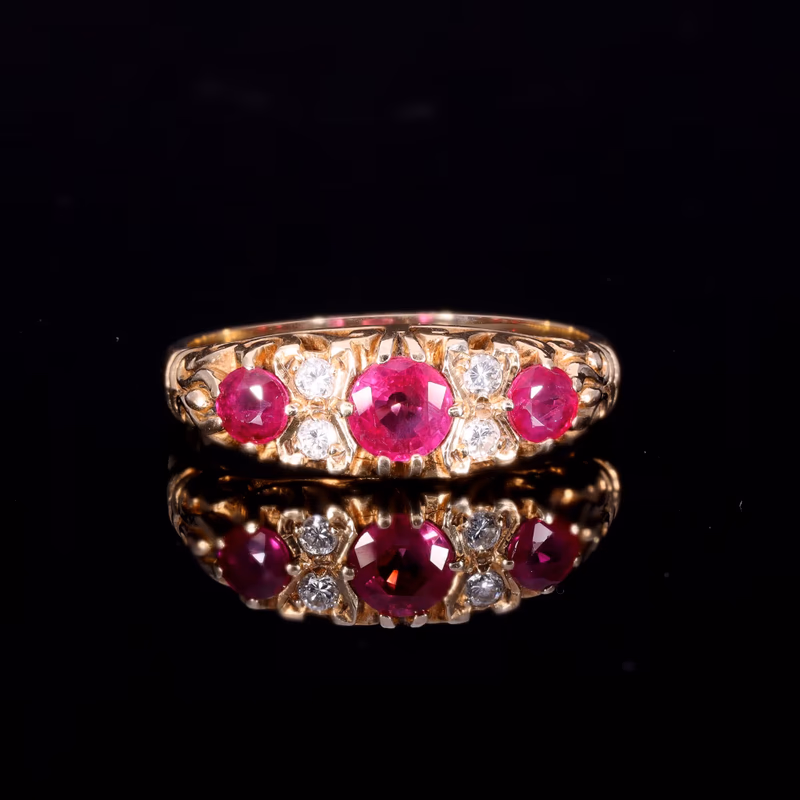 360° view of The Vintage 9ct Gold Three Ruby And Diamond Scrollwork Ring