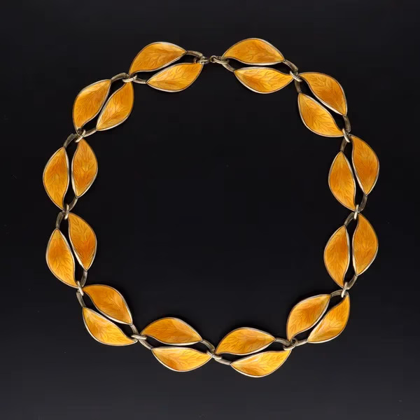 Sterling Silver & Golden Yellow Enamel Double Leaf Necklace