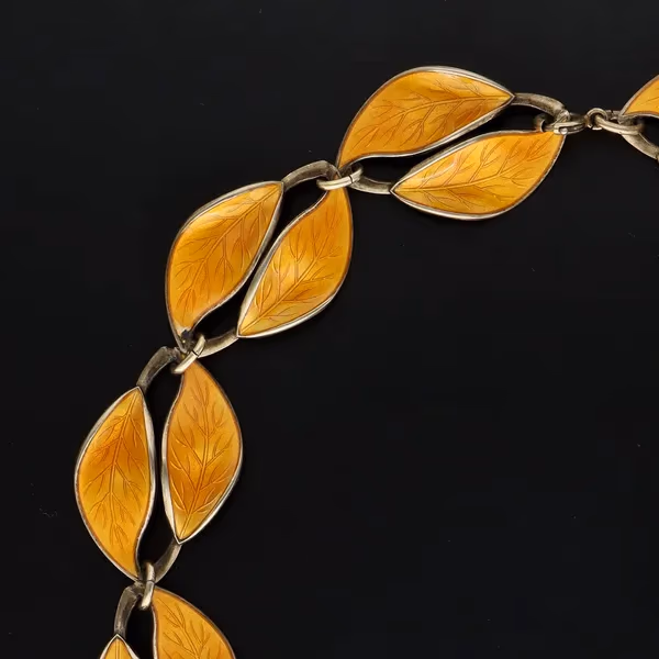 Sterling Silver & Golden Yellow Enamel Double Leaf Necklace