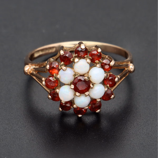 9ct Yellow Gold Opal & Garnet Flower Cluster Ring