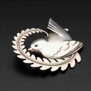 Danish Silver Robin on Fern Design Brooch