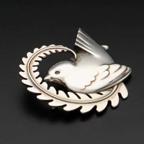 Danish Silver Robin on Fern Design Brooch image-1