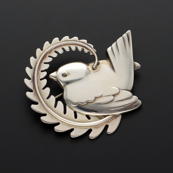 Georg Jensen Danish Silver Robin on Fern Design Brooch