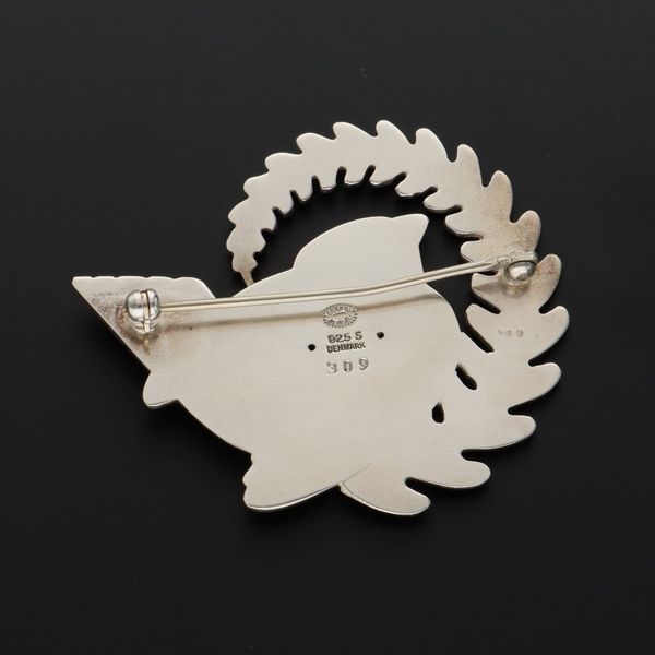 Georg Jensen Danish Silver Robin on Fern Design Brooch