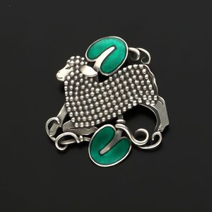 Georg Jensen Silver and Enamel Lamb and Ivy Brooch