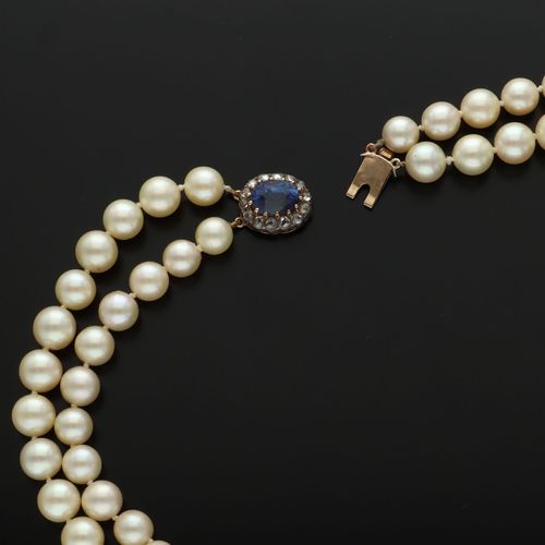 Cultured Pearl and Ceylon Sapphire Two Row Necklace image-6