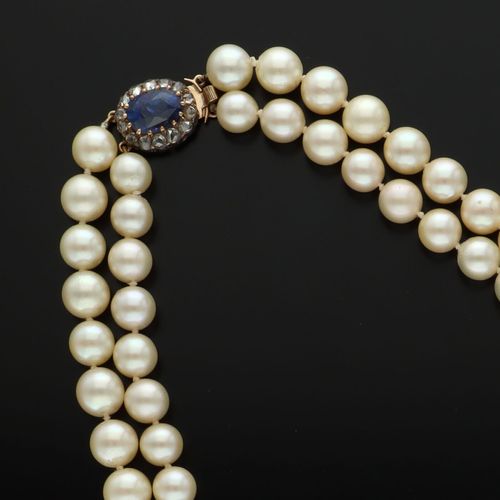 Cultured Pearl and Ceylon Sapphire Two Row Necklace image-3