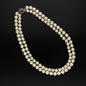 Cultured Pearl and Ceylon Sapphire Two Row Necklace