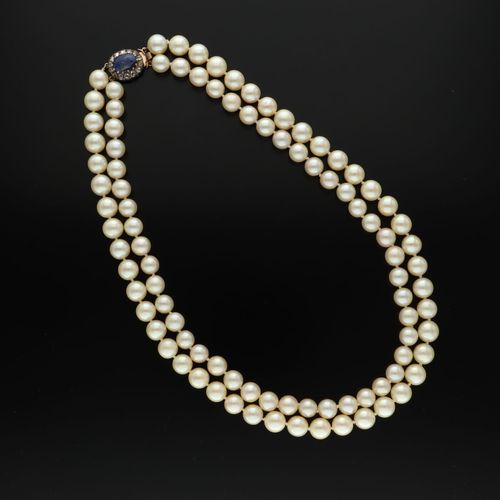 Cultured Pearl and Ceylon Sapphire Two Row Necklace image-1