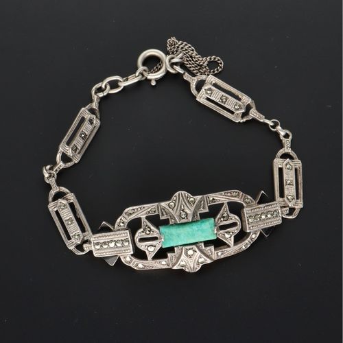 Art Deco Silver Marcasite & Peking Glass Bracelet image-1