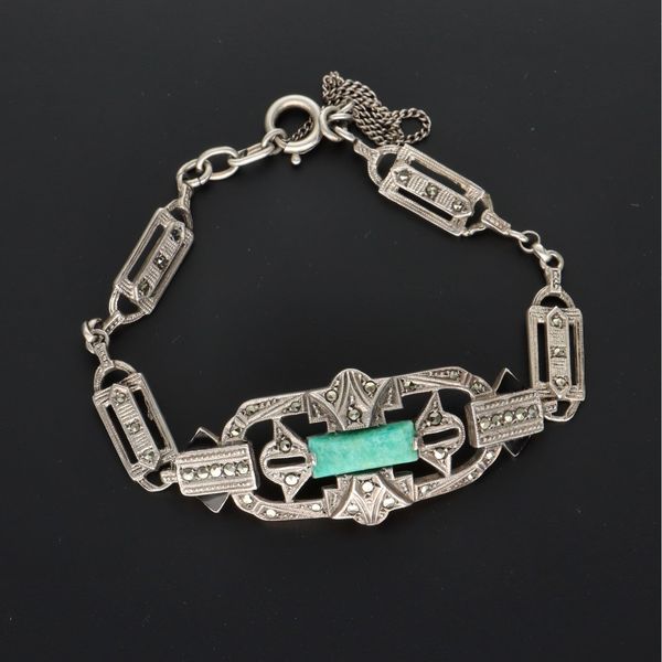 Art Deco Silver Marcasite & Peking Glass Bracelet