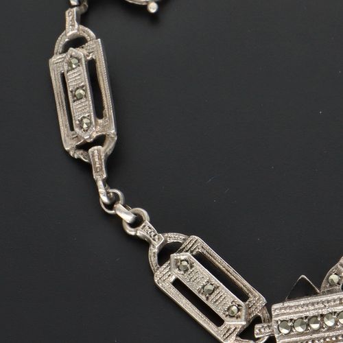 Art Deco Silver Marcasite & Peking Glass Bracelet image-5