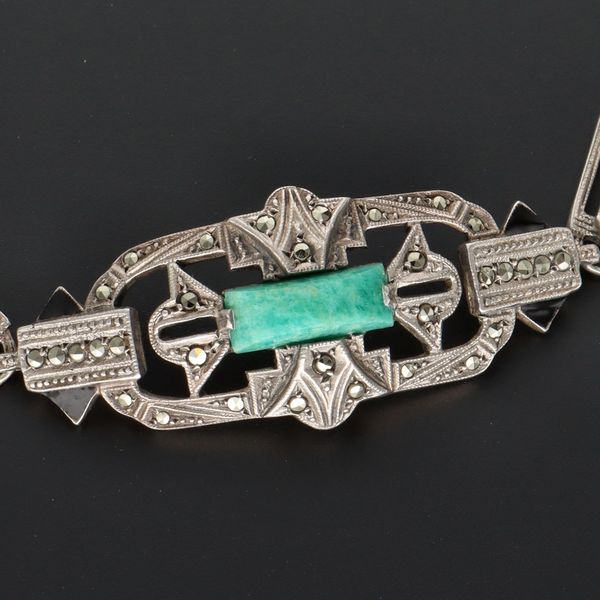 Art Deco Silver Marcasite & Peking Glass Bracelet
